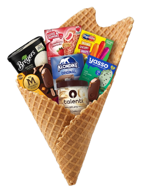A waffle cone filled with Breyers, Good Humor, Popsicle, Klondike, Magnum, Talenti and Yasso treats